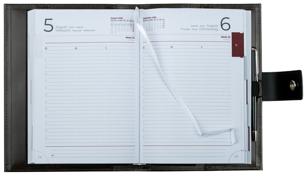 Buchkalender (auswechselbar) DIN A5 für 2026, Cambridge Top Grain Leder, dunkelbraun